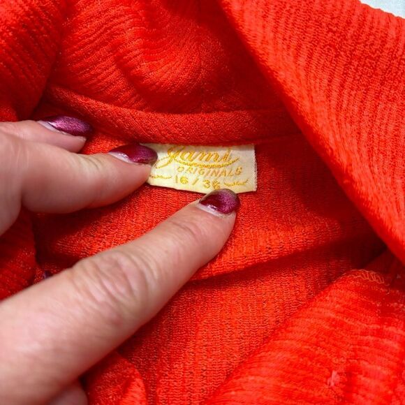 Ladies vintage Janni Originals Textured Neck Tie Button Down Blouse Red Size 16 - Picture 8 of 11